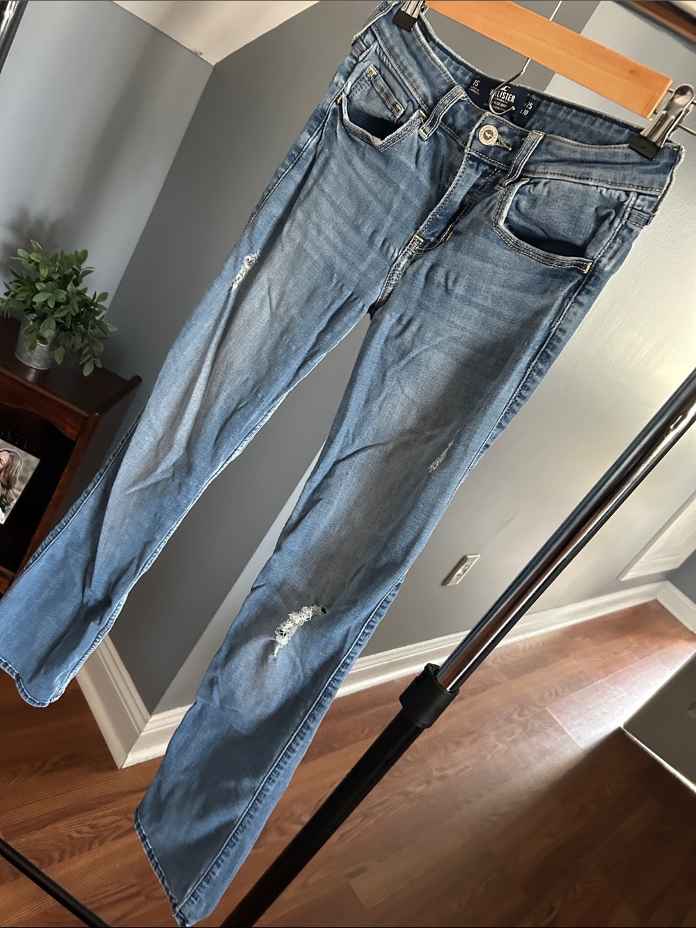 Light Blue Distressed Women’s Jeans-Hollister- 1S- low rise bootcut